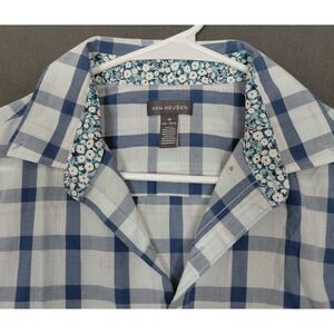 Kids Blue White Plaid Short Sleeve Button Down Shirt Floral Trim Preppy M 15